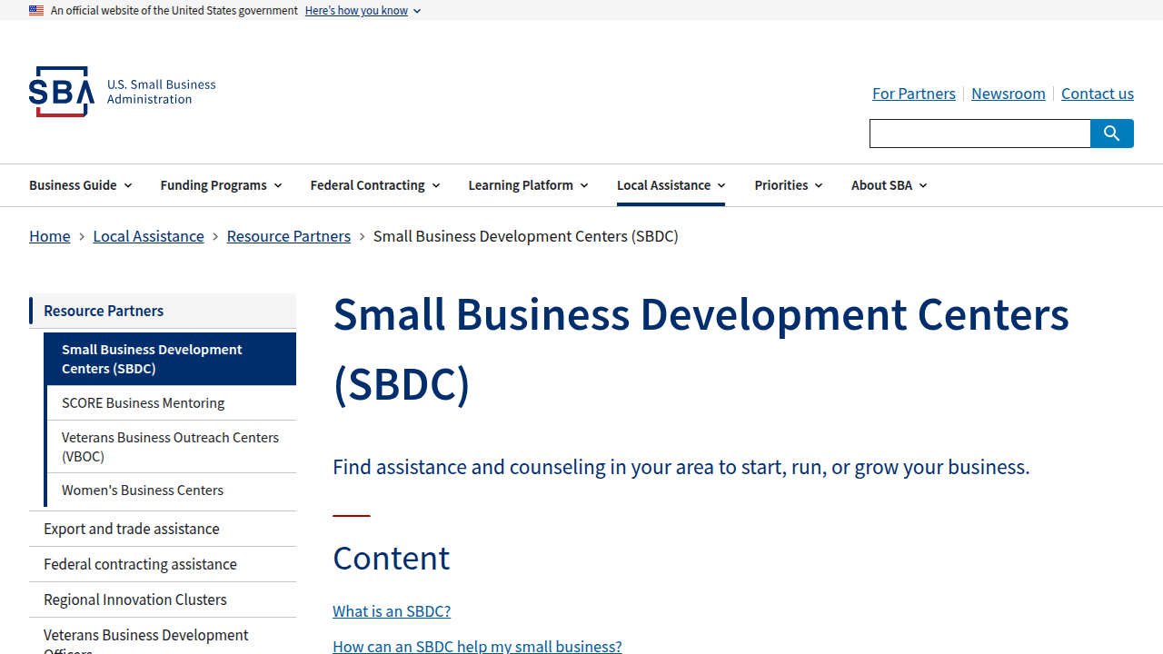 The SBA's locator tool helps entrepreneurs find local Small Business Development Centers for training and counseling.