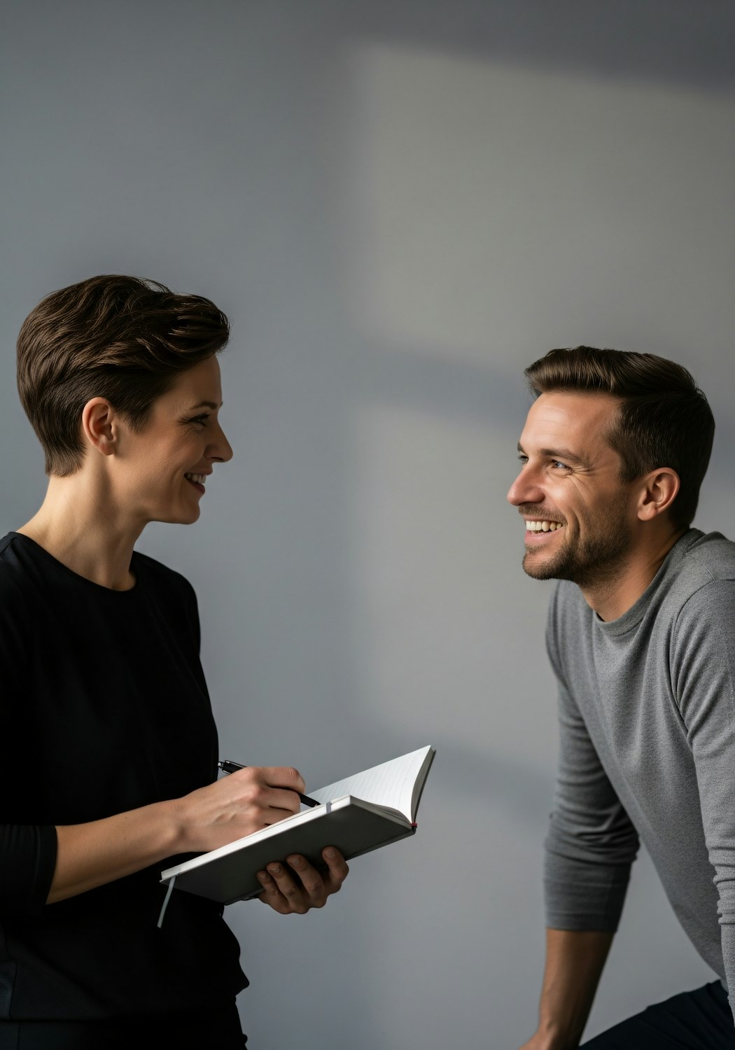 A scene showing two people, a researcher and a participant, engaged in a user interview session, with notes being taken.