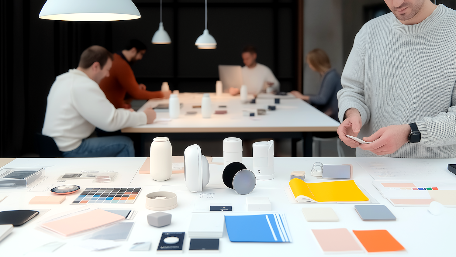 A diverse group of designers and team members collaborate on a project, discussing design ideas around a table with screens.