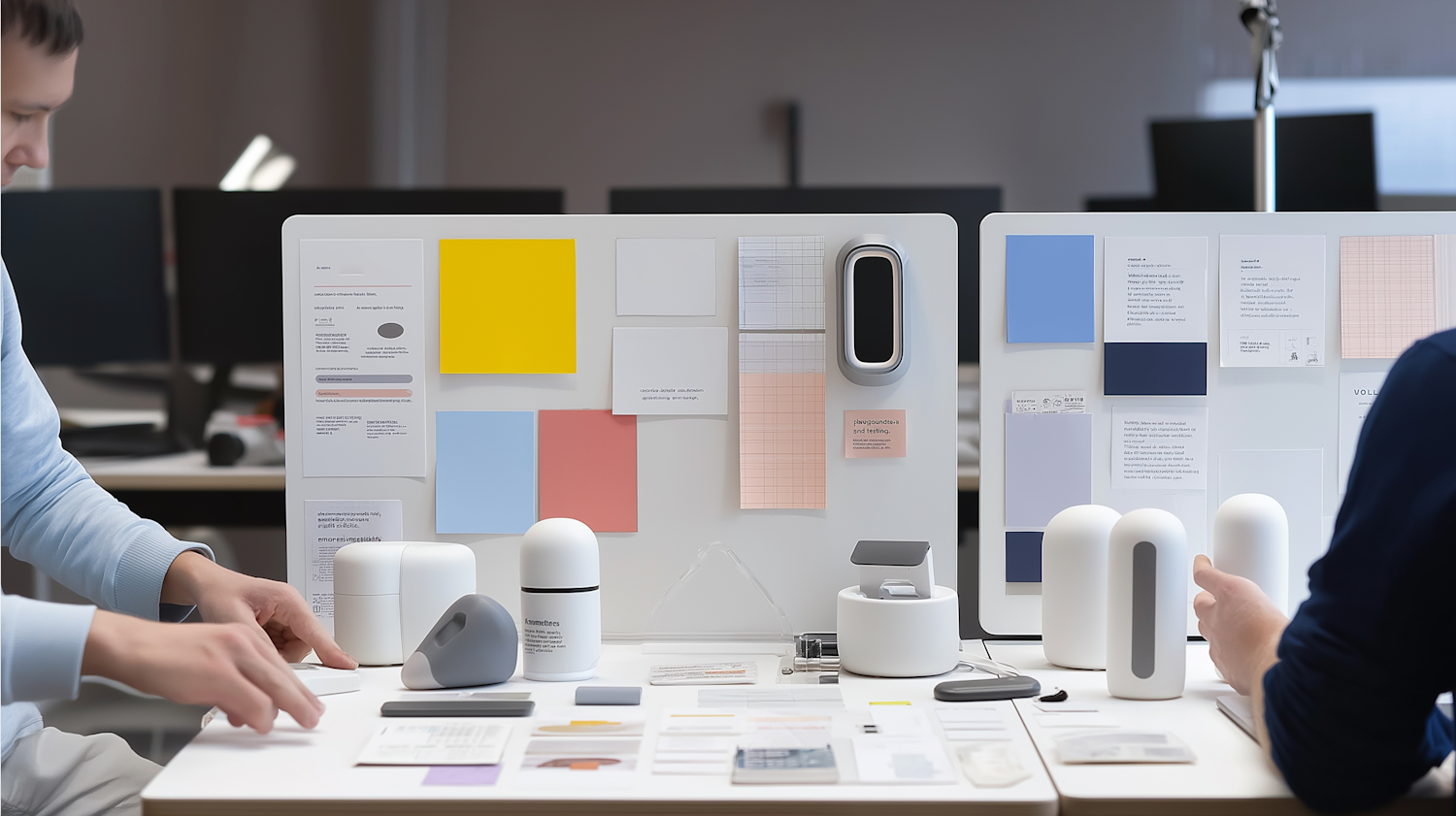 A user interacts with a tablet showing a digital prototype, while a researcher observes their actions and takes notes.