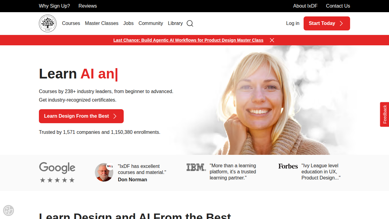 A screenshot of the homepage for the Interaction Design Foundation, a prominent resource for UX design education and articles.