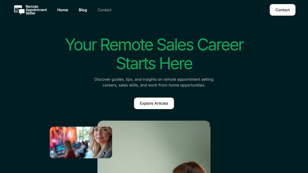 A screenshot of the homepage for RemoteAppointmentSetter.net, showcasing resources for career development and online money-making opportunities.