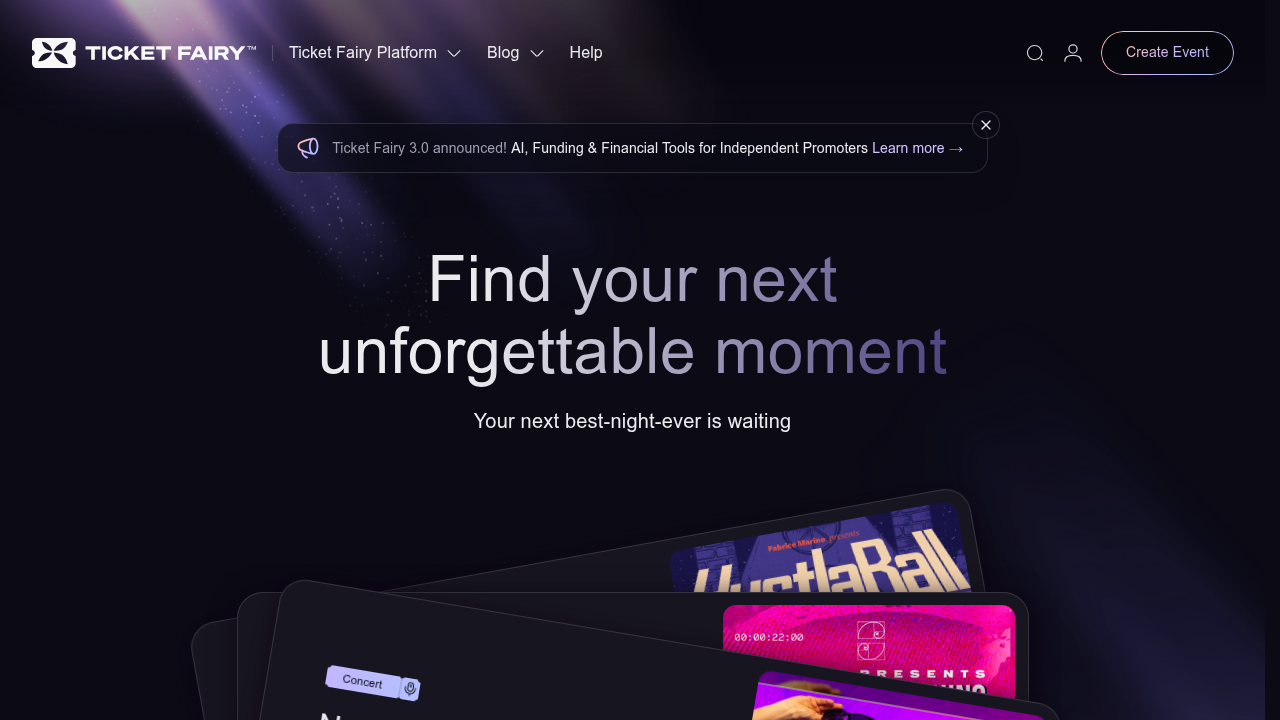 Screenshot of The Ticket Fairy's homepage, a platform that emphasizes secure fan-to-fan ticket resale and buyer protection.