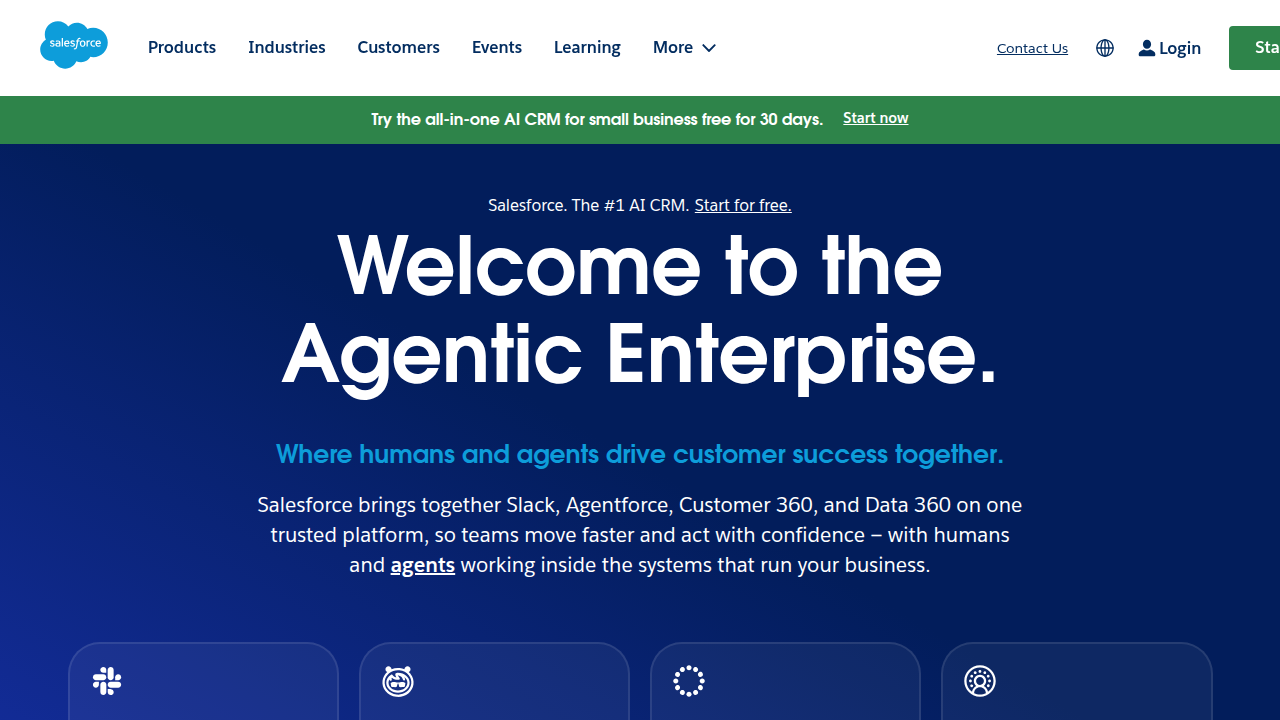 The homepage of Salesforce, a leading CRM platform mentioned as an important tool for remote appointment setters.