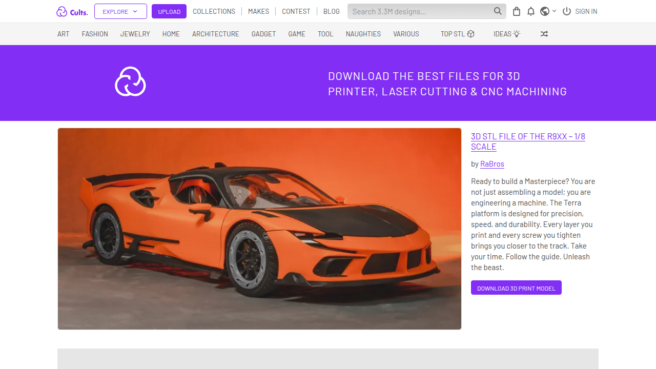 A screenshot of the Cults3D website, showcasing its premium and unique 3D models, highlighting it as a platform where designers can sell their high-quality creations.