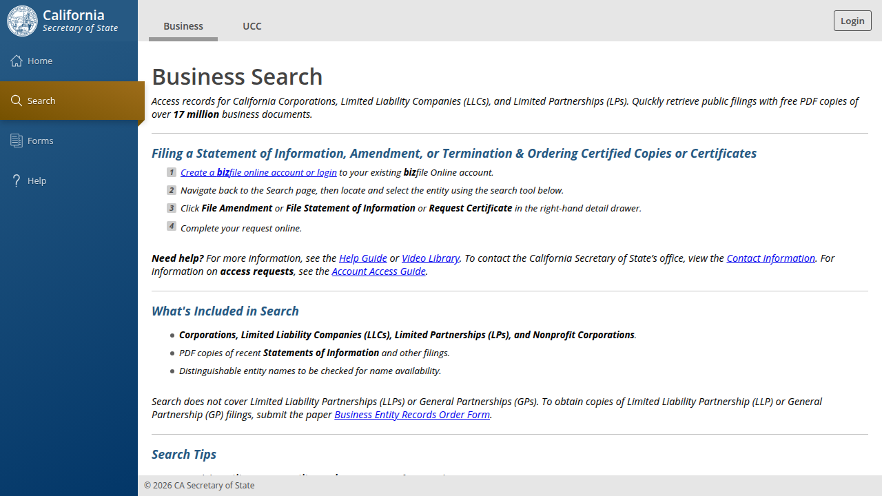 A screenshot of the California Secretary of State business search page, demonstrating similar verification tools available in other states.