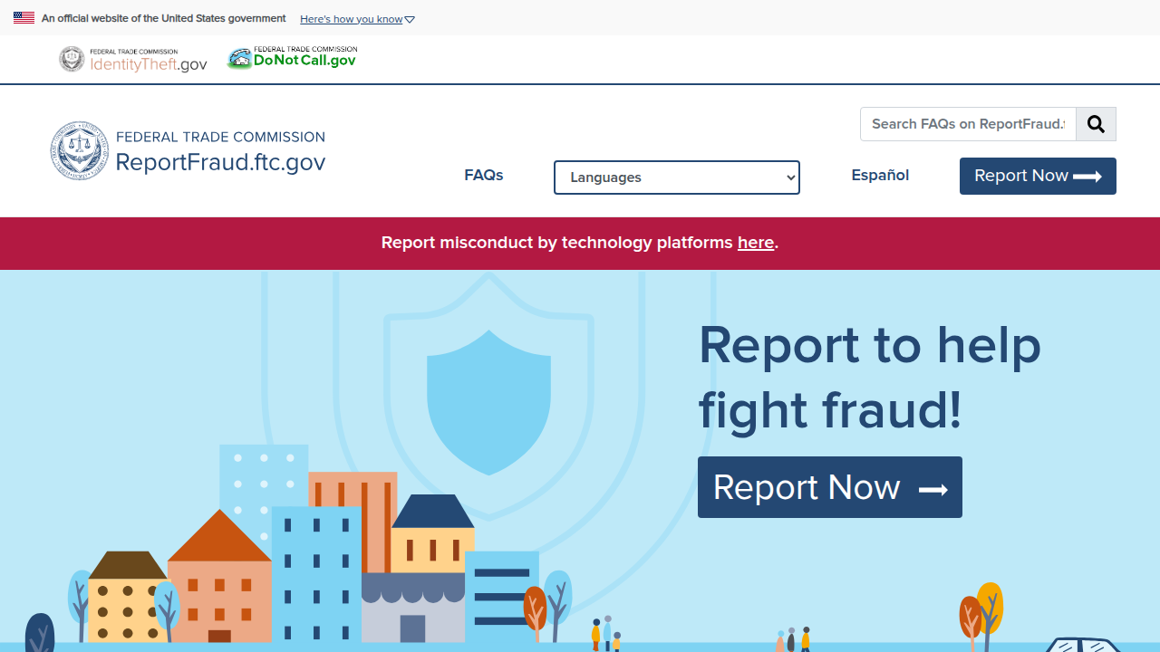 A screenshot of the Federal Trade Commission's (FTC) 'ReportFraud.ftc.gov' website, providing an official channel to report fraudulent activities.