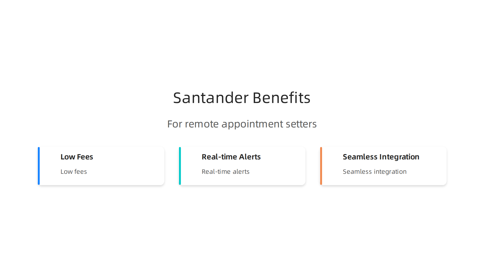 Visualizing key benefits of Santander's business banking for remote appointment setters, including low fees, real-time alerts, and seamless integration.