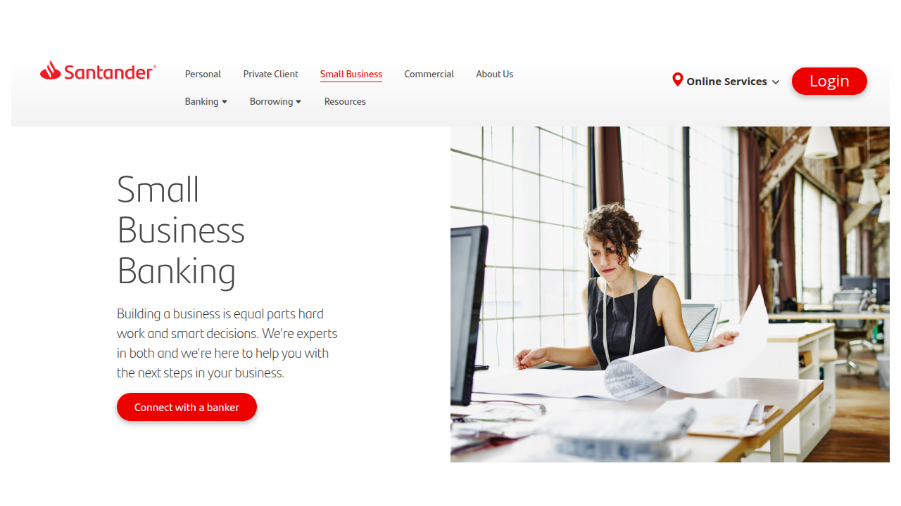 The homepage for Santander's business banking services, showcasing their offerings for small businesses and freelancers.