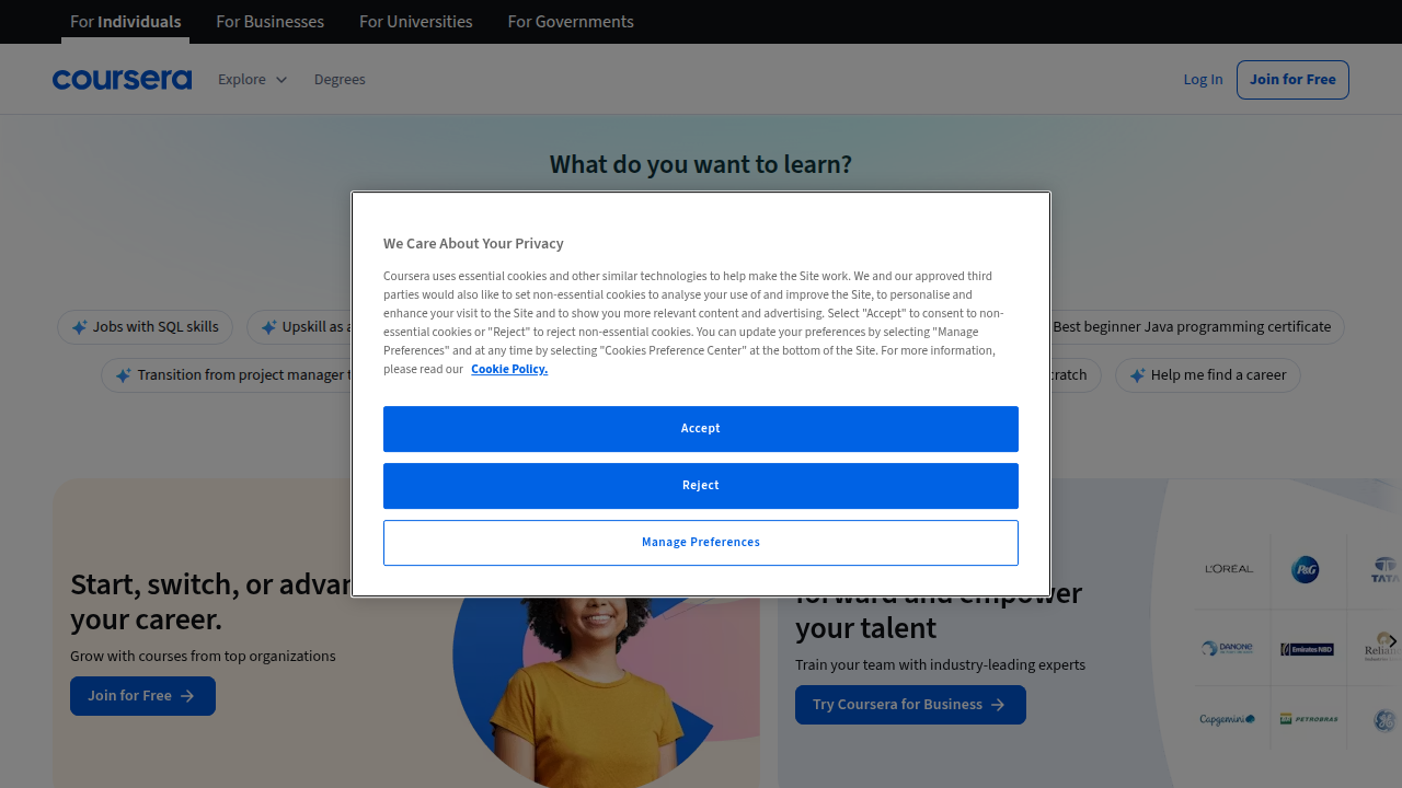 The homepage of Coursera, an online learning platform offering a wide array of business courses and certifications.