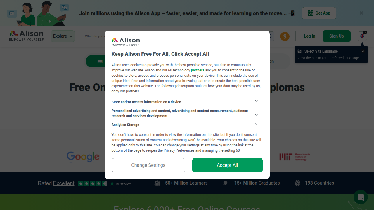 The homepage of Alison, providing free online business administration courses for foundational learning.