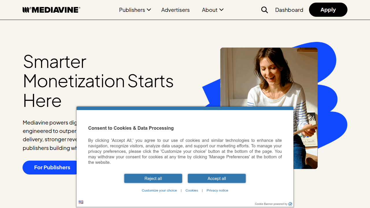 A screenshot of the Mediavine homepage, a premium ad network for content creators.