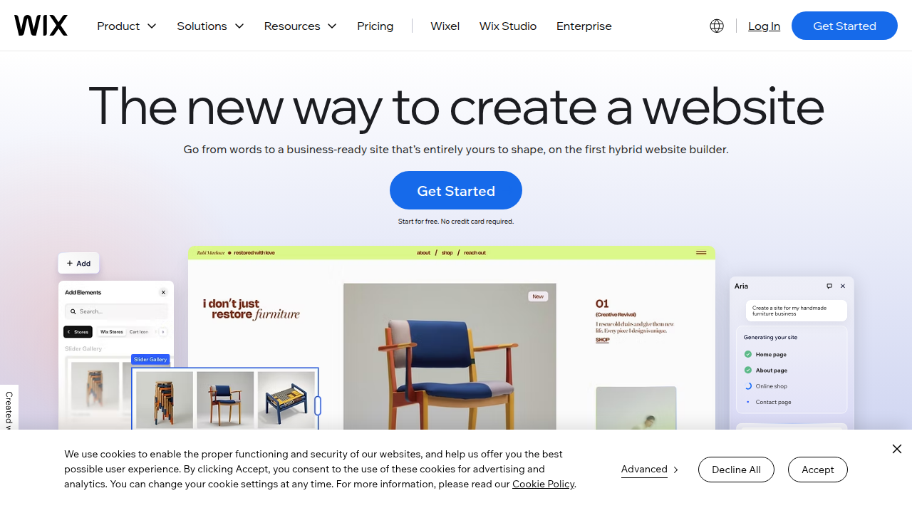 The homepage of Wix, a popular free website builder offering templates and tools for creating professional portfolios.
