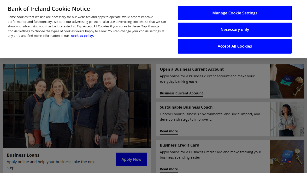 A view of the Bank of Ireland Business Banking homepage, providing an overview of their online services for businesses.