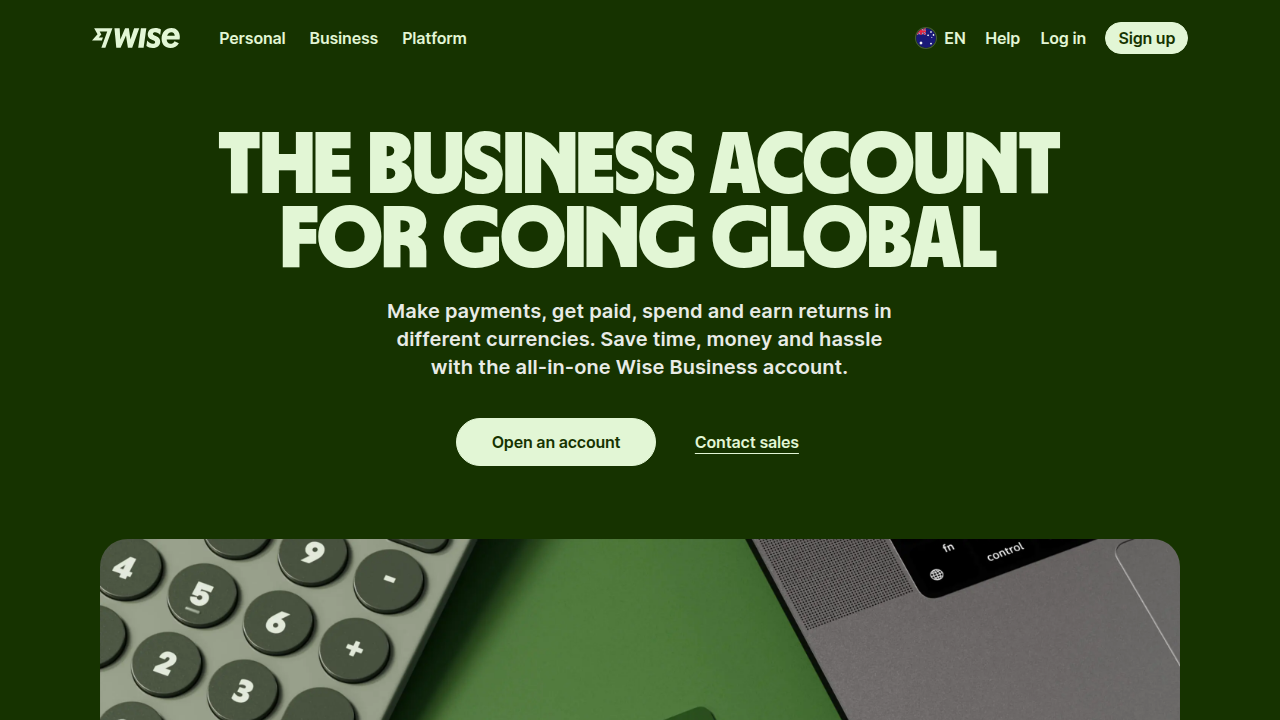 The homepage for Wise Business, a fintech platform offering multi-currency accounts and international transfers, often compared to traditional banks.