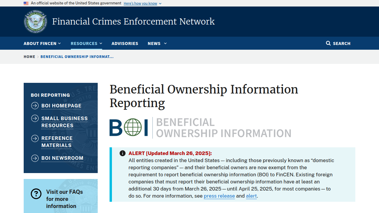 The official FinCEN webpage providing information about Beneficial Ownership Information (BOI) reporting, a key legal requirement for many businesses.