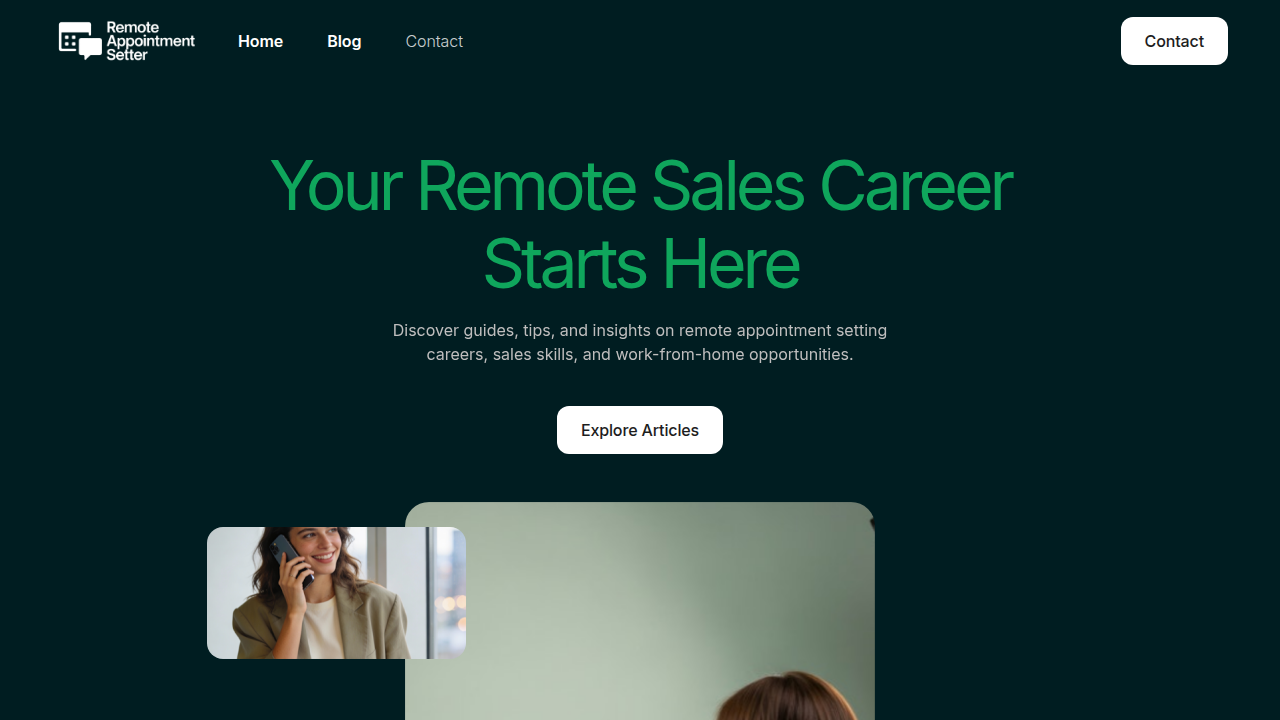 The homepage for remoteappointmentsetter.net, offering resources and guides for individuals pursuing a remote appointment setting career.
